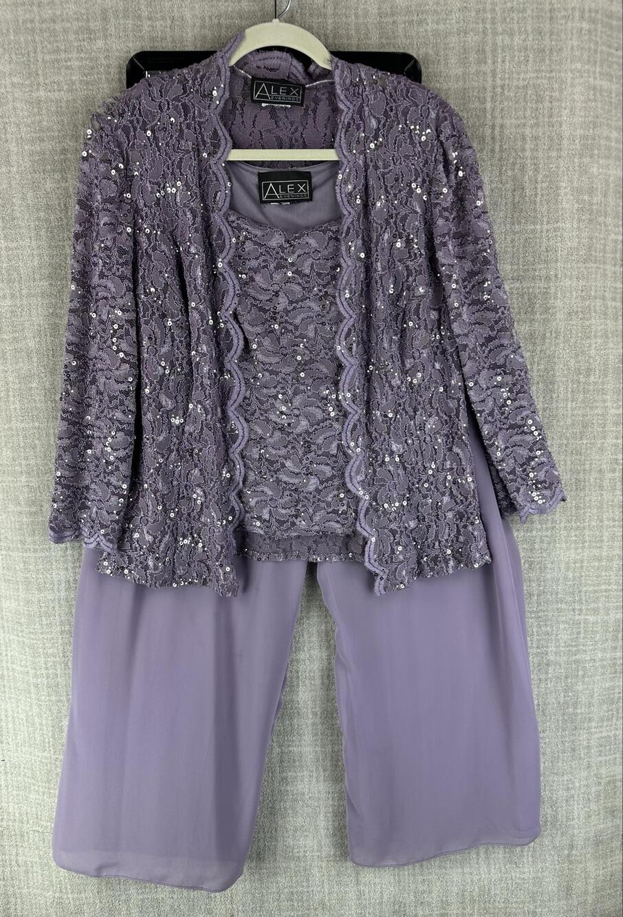Alex Evenings Outfit Set Womens S Purple Lace Sequin Jacket Tank Pants
